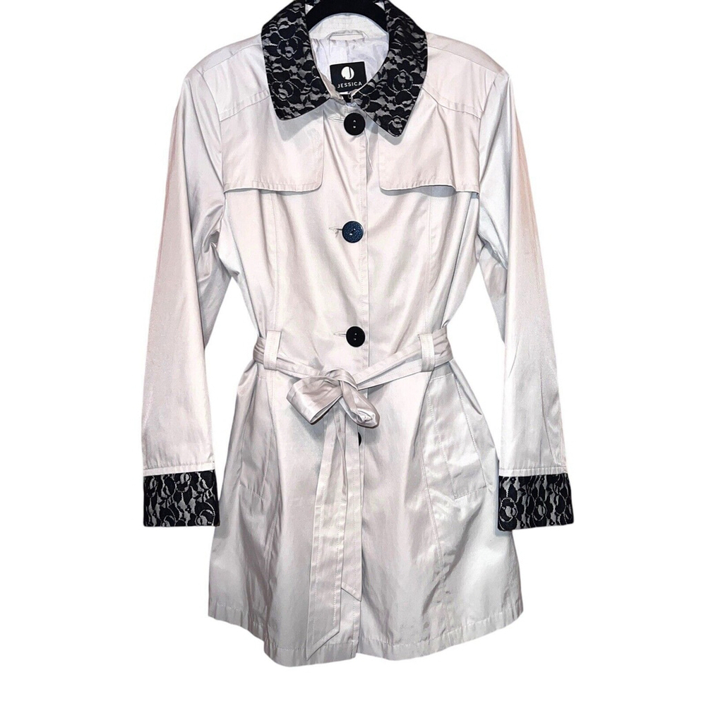 Jessica Beige Classic Trench Coat Size Small Lace Collar Belted Water Resistant